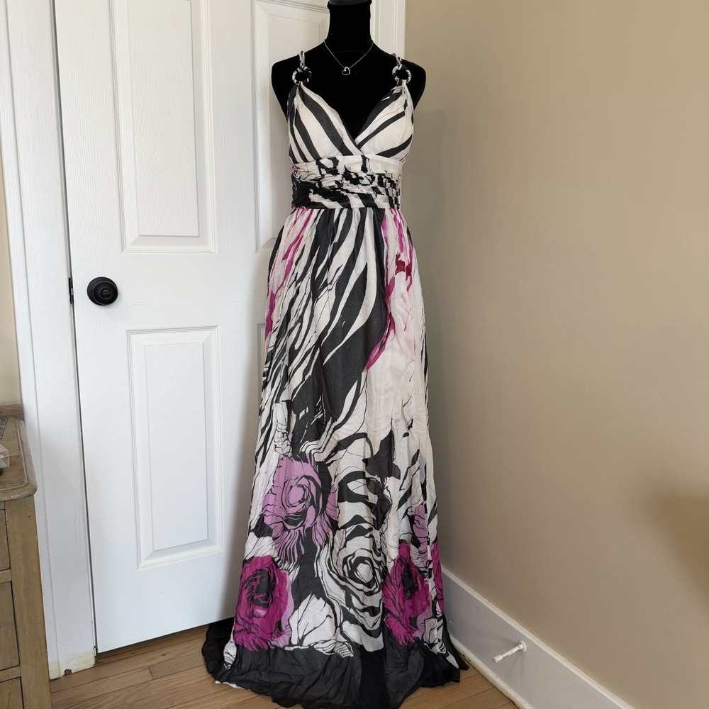 Vtg Y2K 100% Silk Maxi Dress (12) Floral Fairy Abstract Formal PROM Vacation